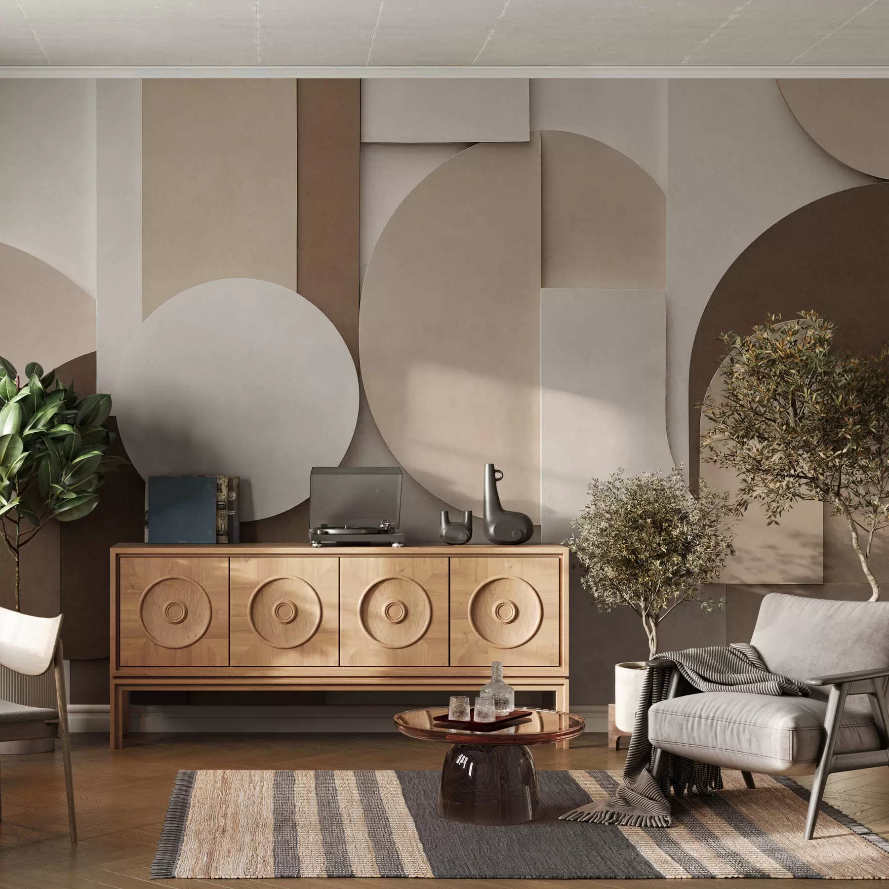 wall murals Textured beige geometric shapes in layered 3D composition, minimalist modern wall art w05598