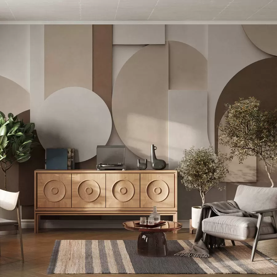 wall murals Textured beige geometric shapes in layered 3D composition, minimalist modern wall art w05598