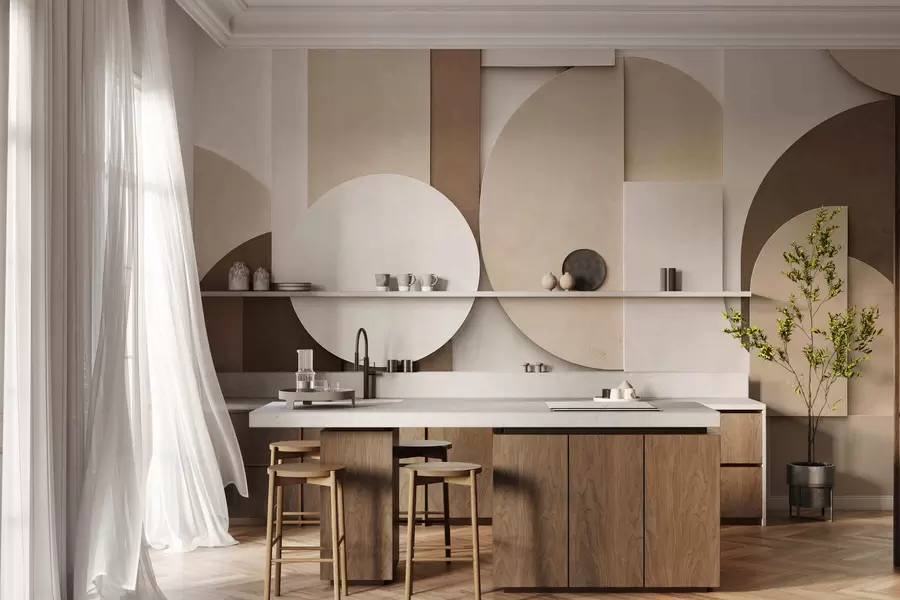 wall murals Textured beige geometric shapes in layered 3D composition, minimalist modern wall art w05598