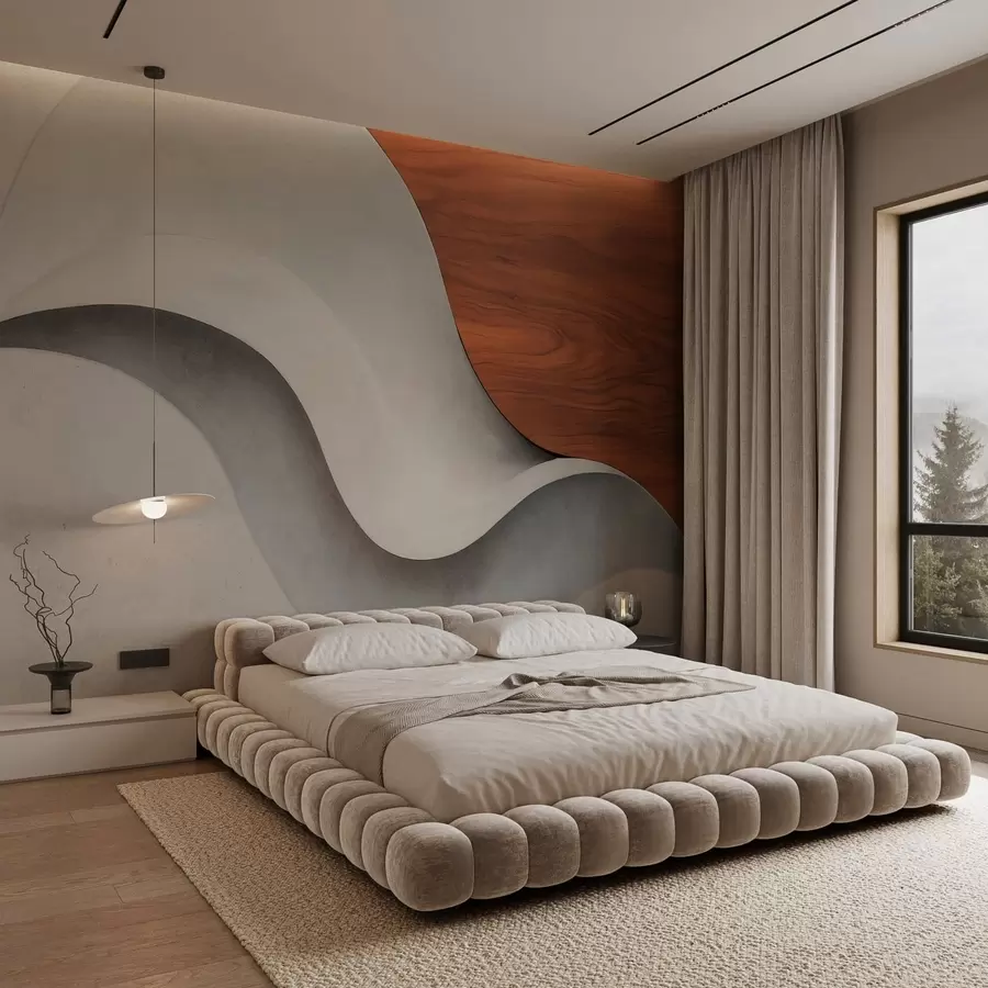 wall murals Flowing abstract waves with warm wood accents, minimalist contemporary design w05599