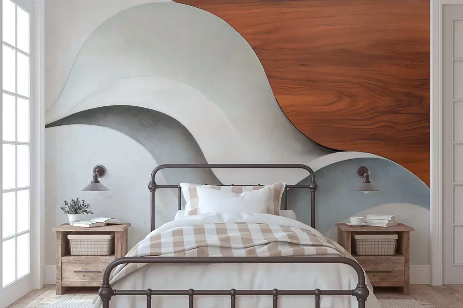 wall murals Flowing abstract waves with warm wood accents, minimalist contemporary design w05599