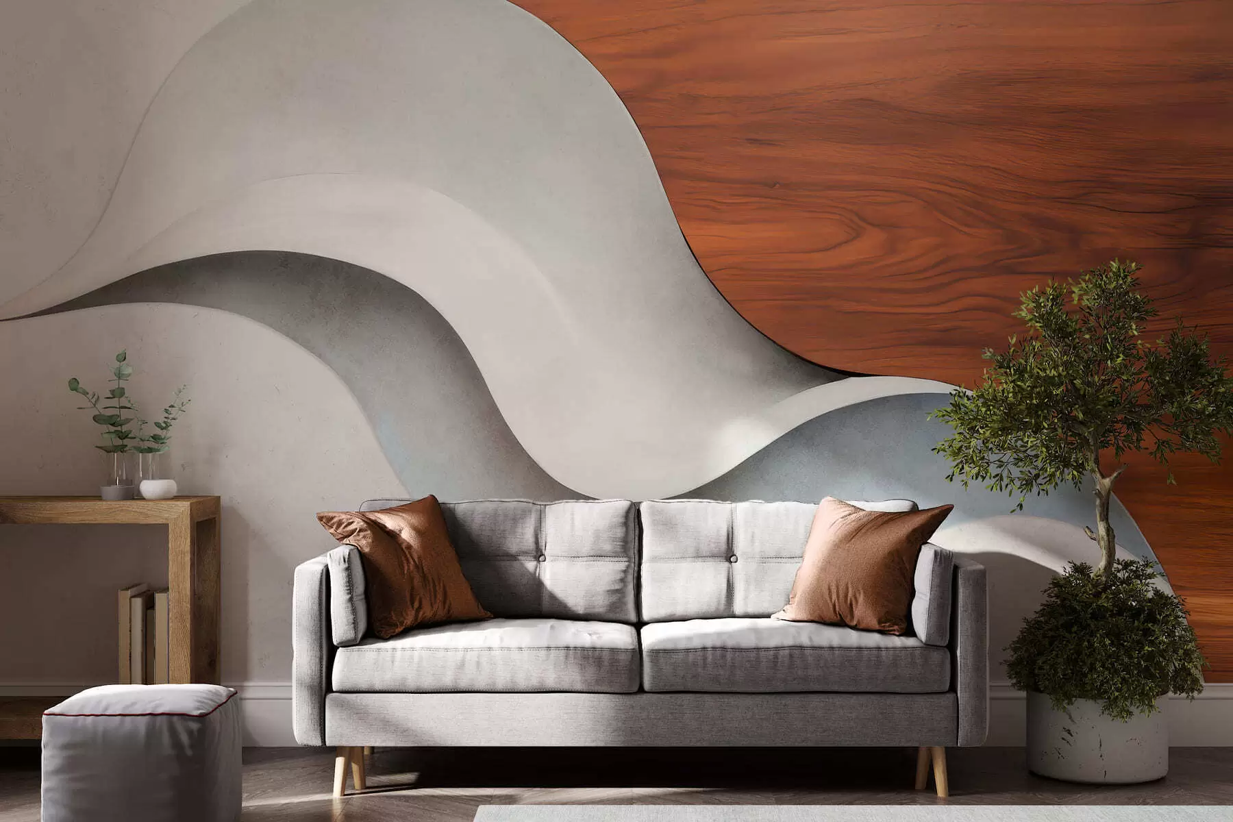 wall murals Flowing abstract waves with warm wood accents, minimalist contemporary design w05599
