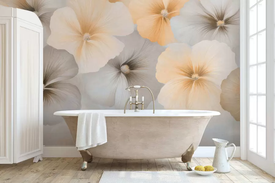 wall murals Soft pastel flowers with creamy yellow and gray tones on a delicate background w05600