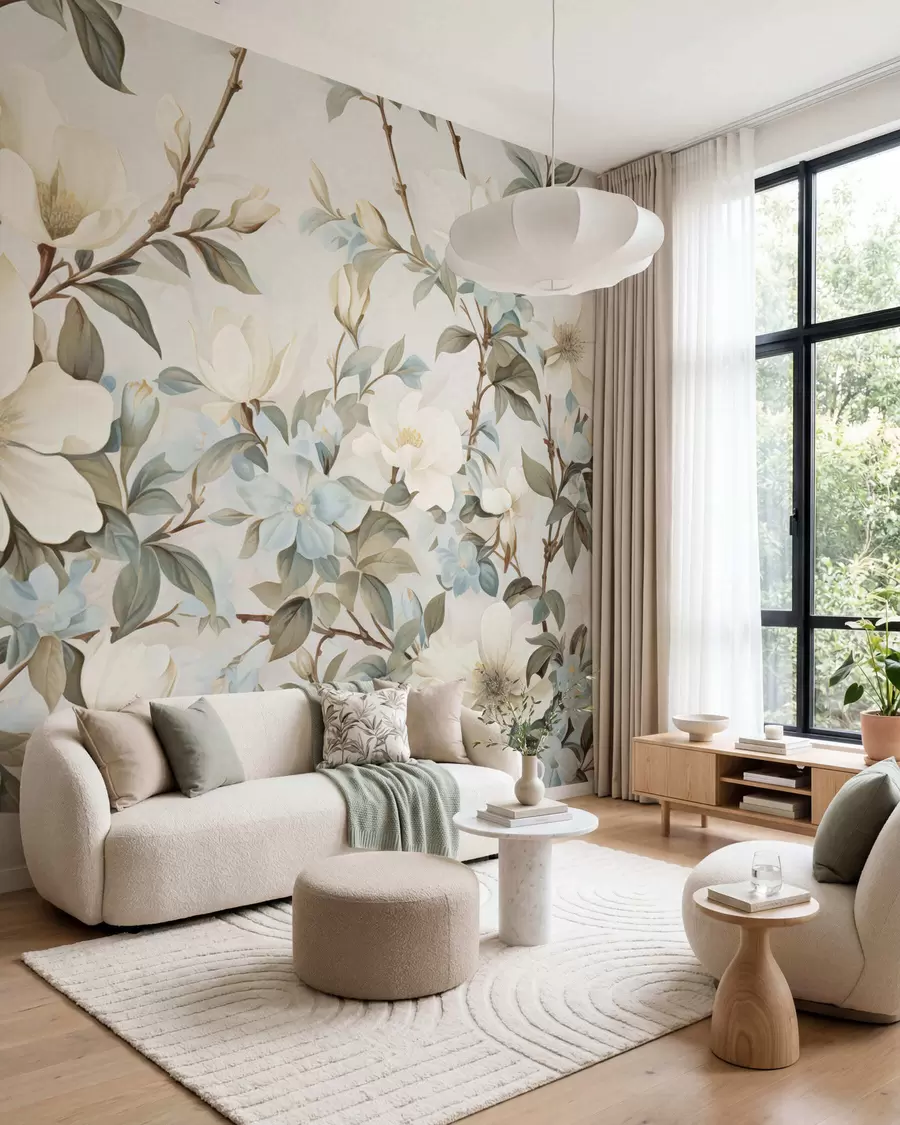 wall murals Delicate flowers and soft green leaves in a painterly vintage style with subtle brushstrokes w05601