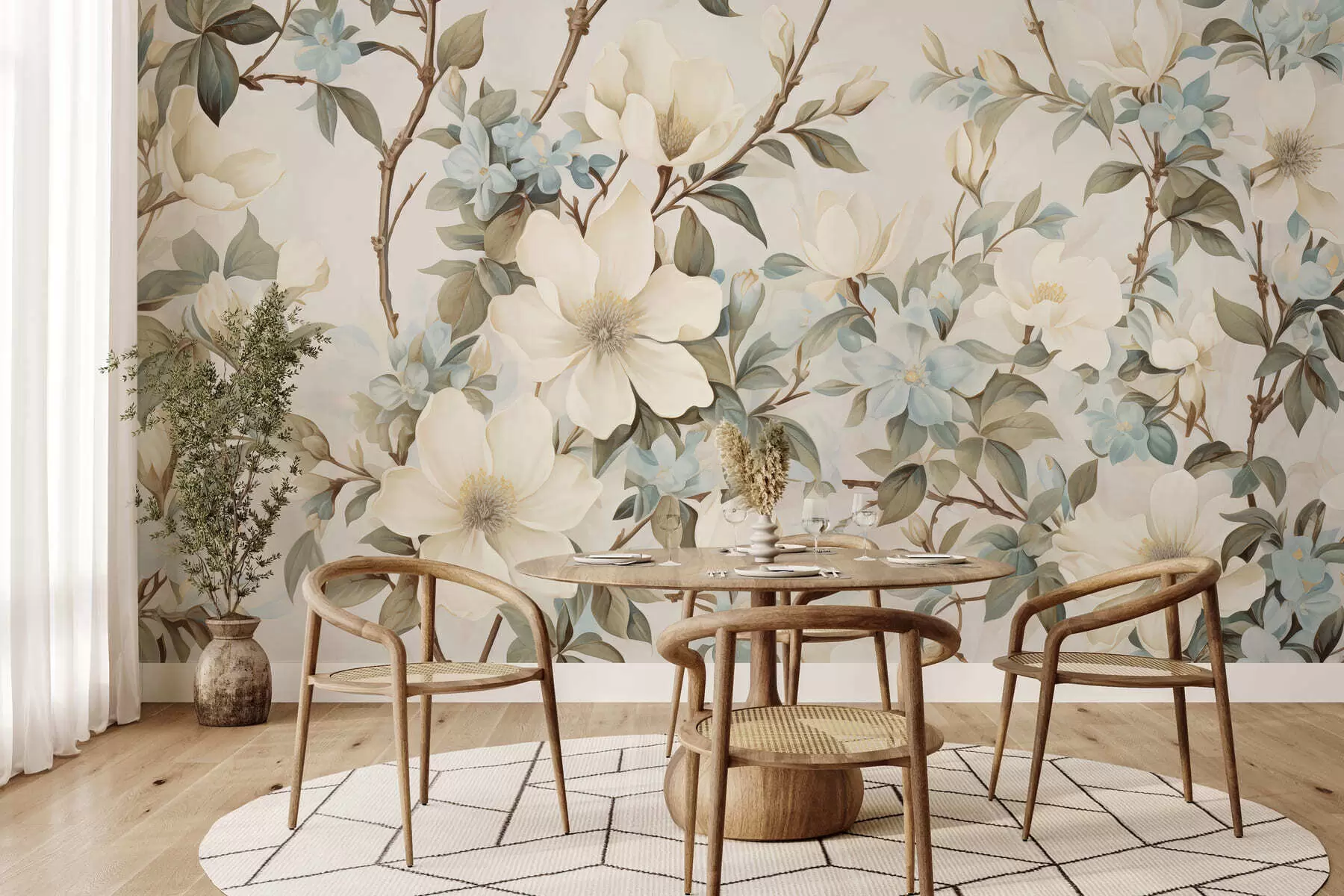 wall murals Delicate flowers and soft green leaves in a painterly vintage style with subtle brushstrokes w05601