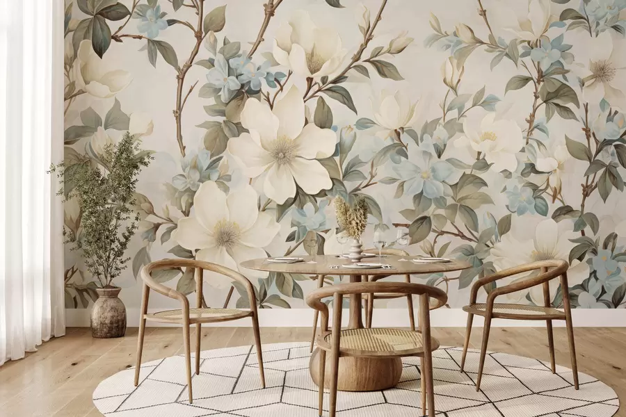wall murals Delicate flowers and soft green leaves in a painterly vintage style with subtle brushstrokes w05601