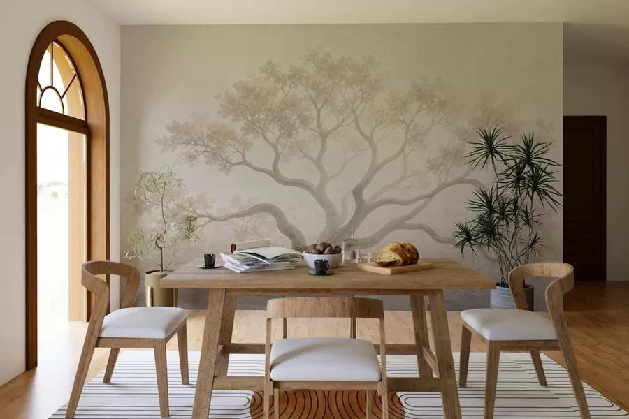 wall murals Minimalist misty tree landscape in soft beige tones, dreamy atmospheric art w05602