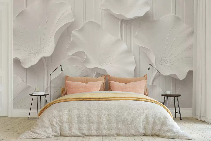 wall murals White sculptural floral relief with layered petals, elegant 3D wall art w05604