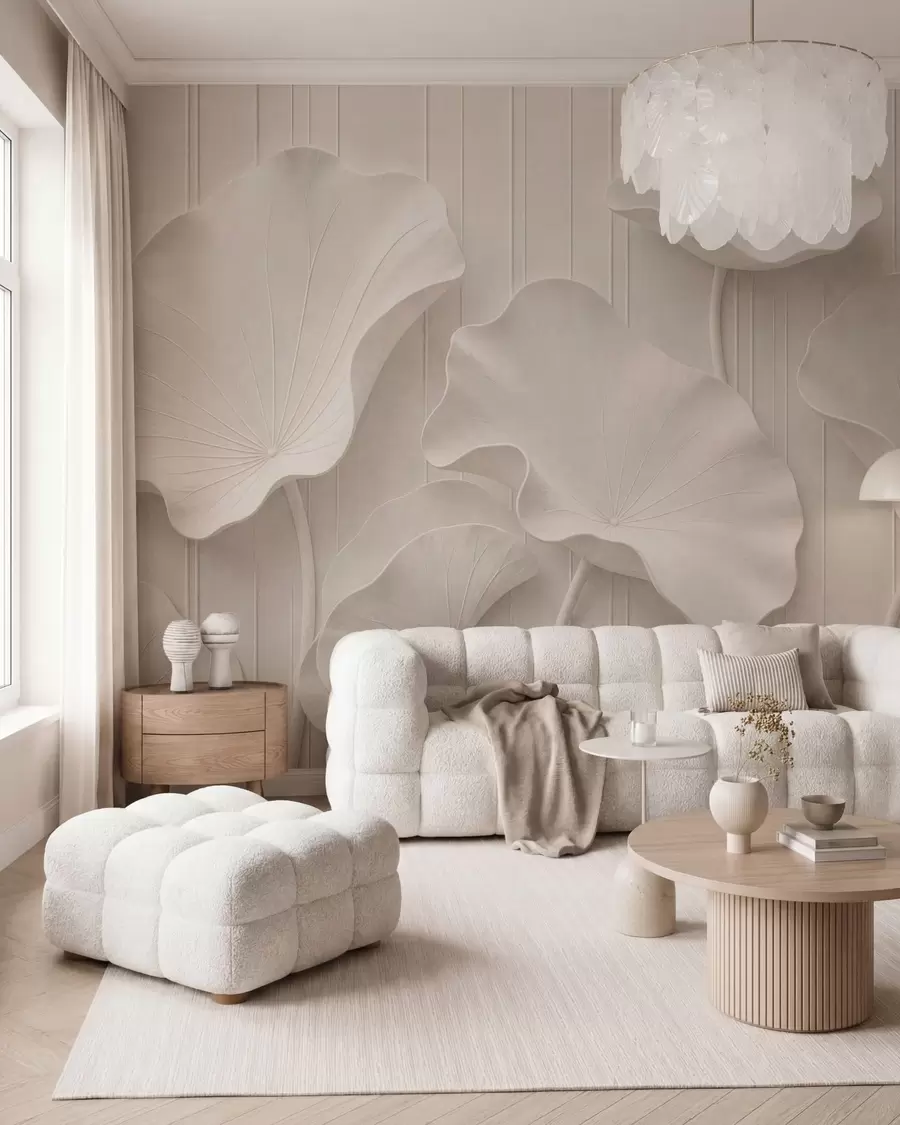wall murals White sculptural floral relief with layered petals, elegant 3D wall art w05604