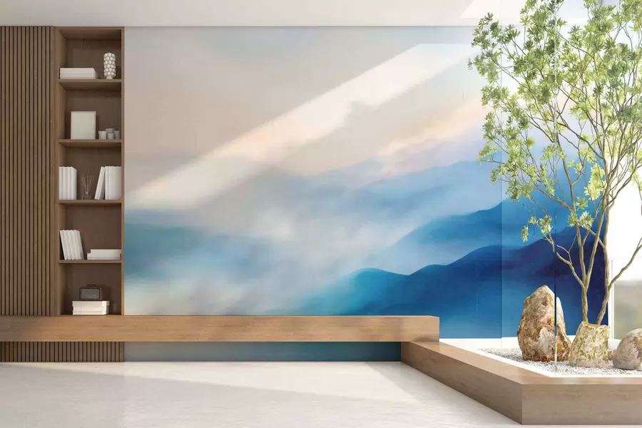 wall murals Soft blue watercolor mountains with dreamy gradients and atmospheric depth w05605