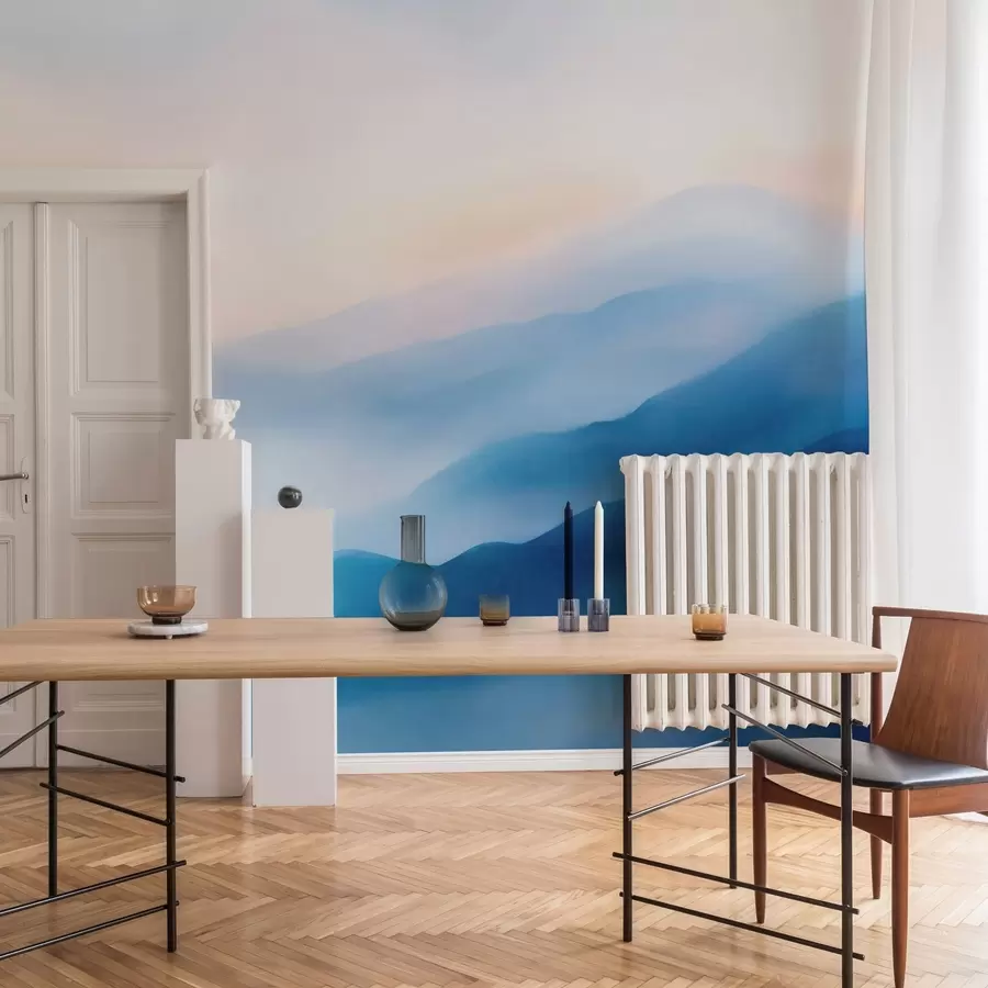 wall murals Soft blue watercolor mountains with dreamy gradients and atmospheric depth w05605