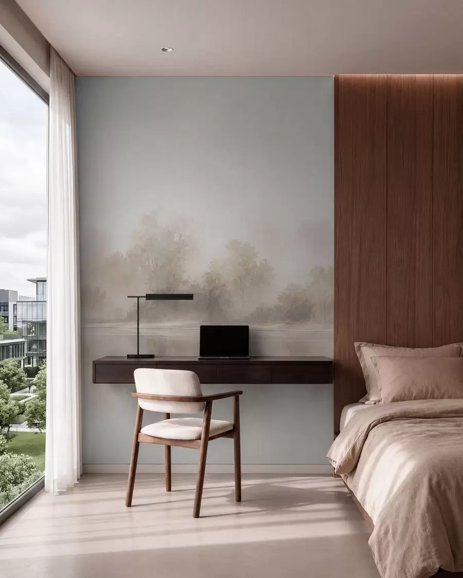 wall murals Minimalist foggy landscape with delicate reflections in warm neutral tones w05606