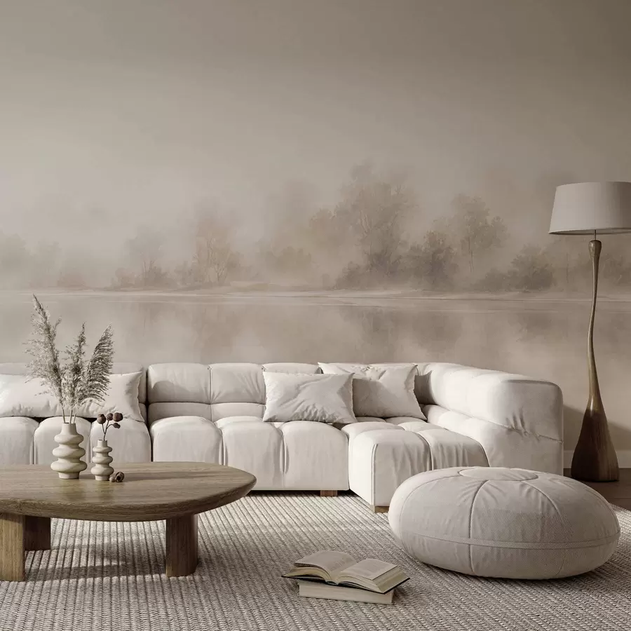wall murals Minimalist foggy landscape with delicate reflections in warm neutral tones w05606