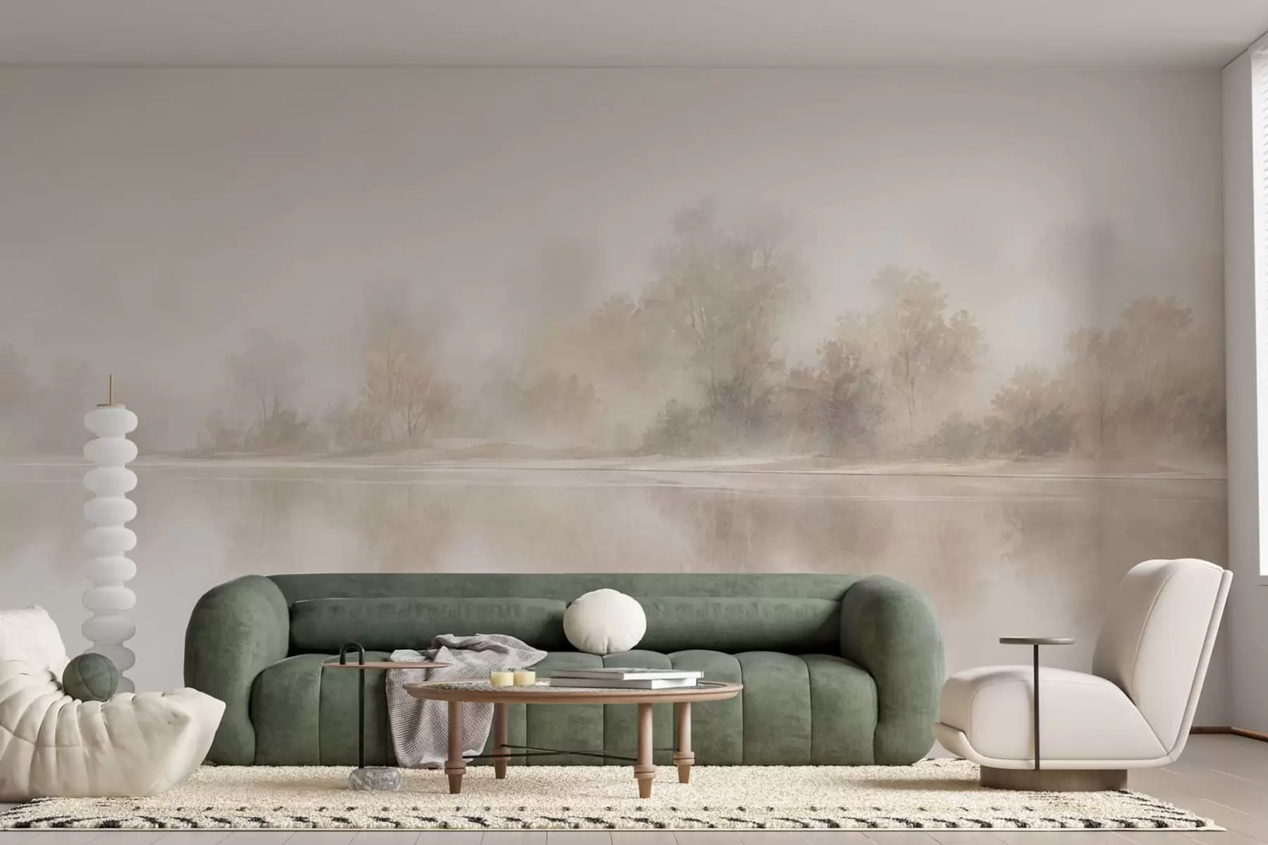 wall murals Minimalist foggy landscape with delicate reflections in warm neutral tones w05606