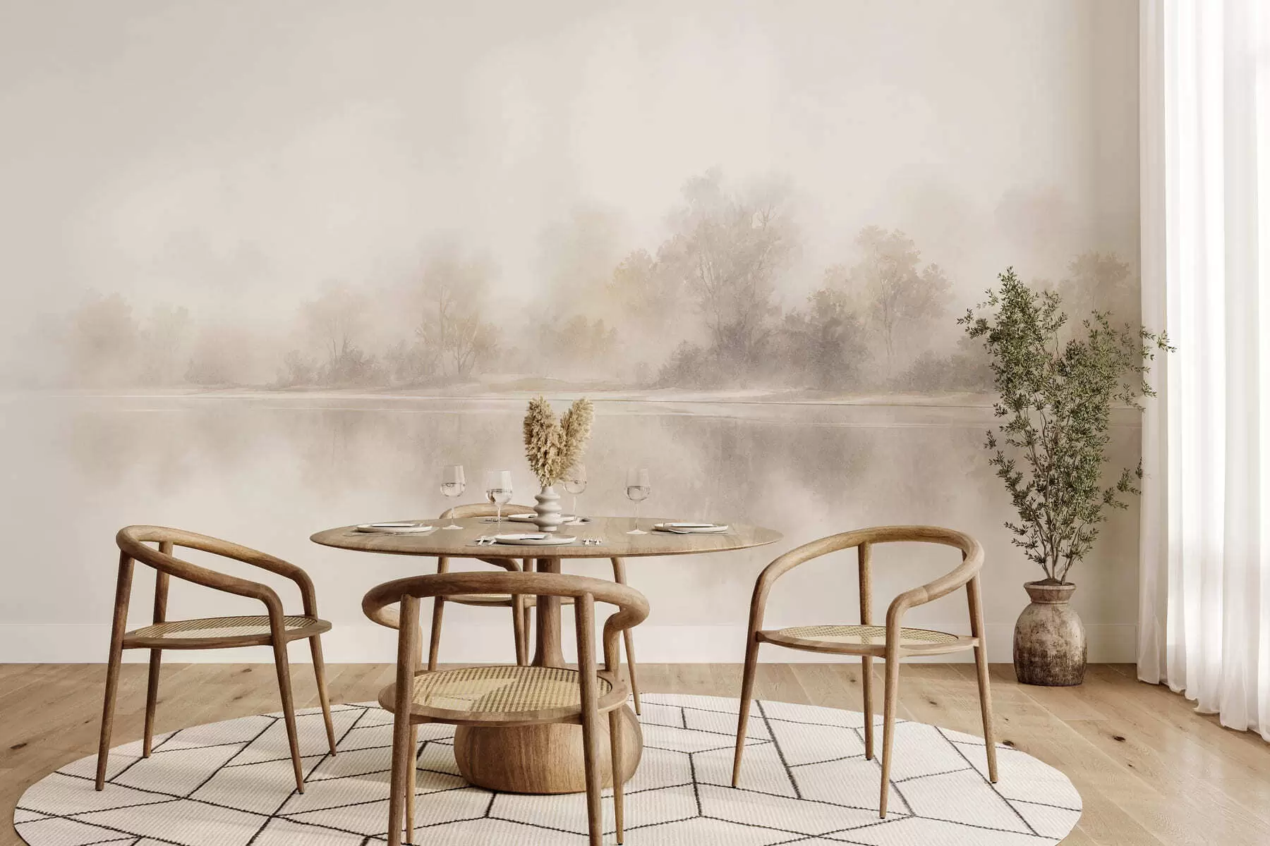 wall murals Minimalist foggy landscape with delicate reflections in warm neutral tones w05606