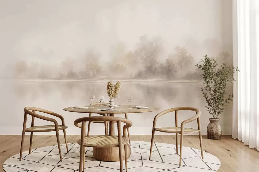 wall murals Minimalist foggy landscape with delicate reflections in warm neutral tones w05606