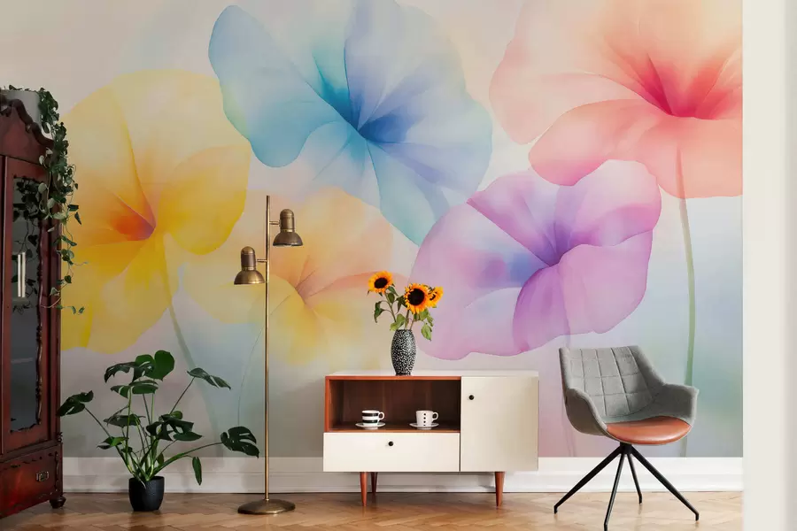 wall murals Colorful translucent flowers in soft pastel shades with a dreamy watercolor effect w05607