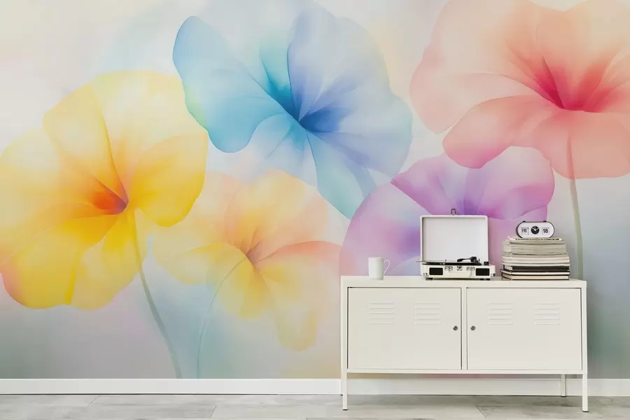 wall murals Colorful translucent flowers in soft pastel shades with a dreamy watercolor effect w05607