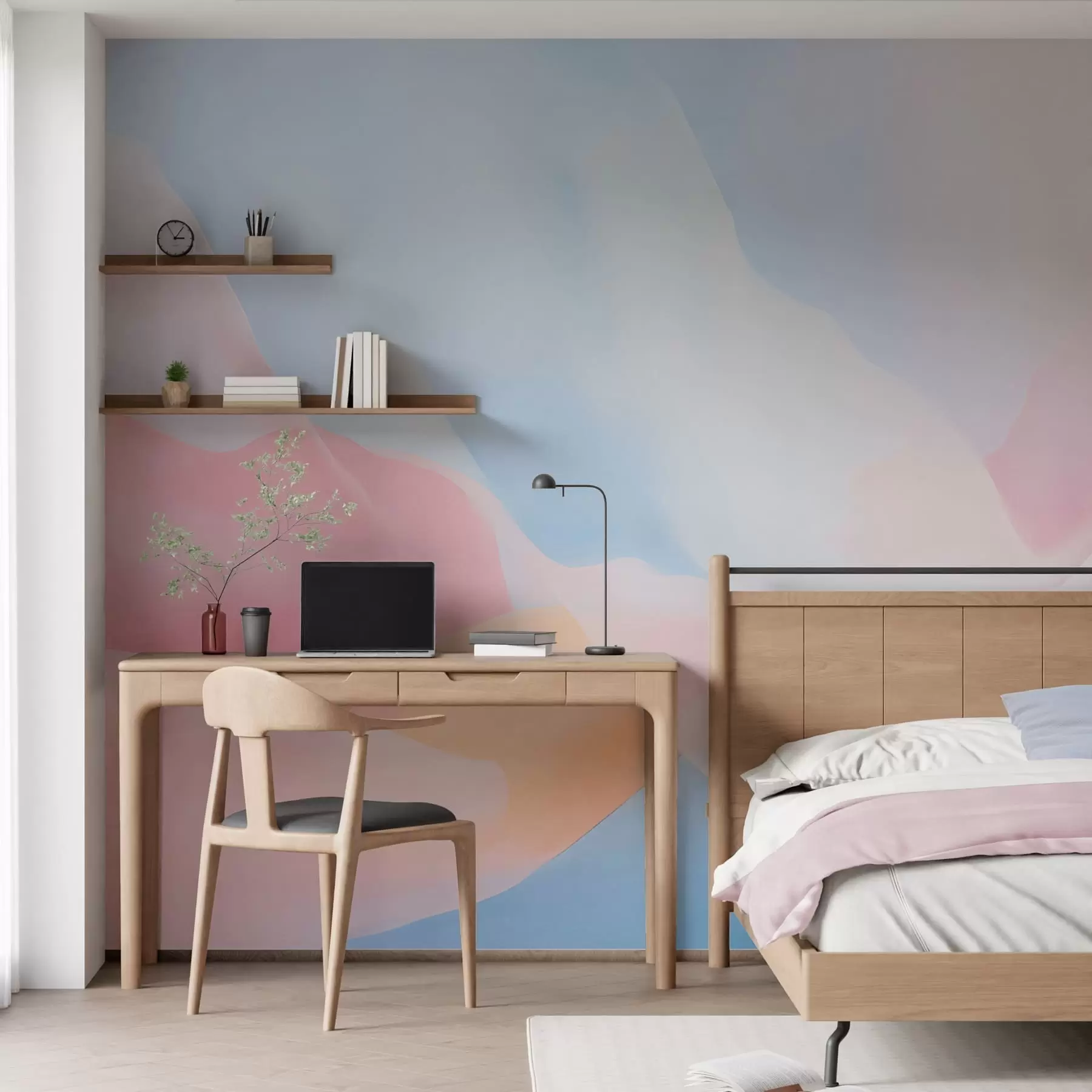 wall murals Abstract pastel waves with soft pink and blue gradients in watercolor style w05609
