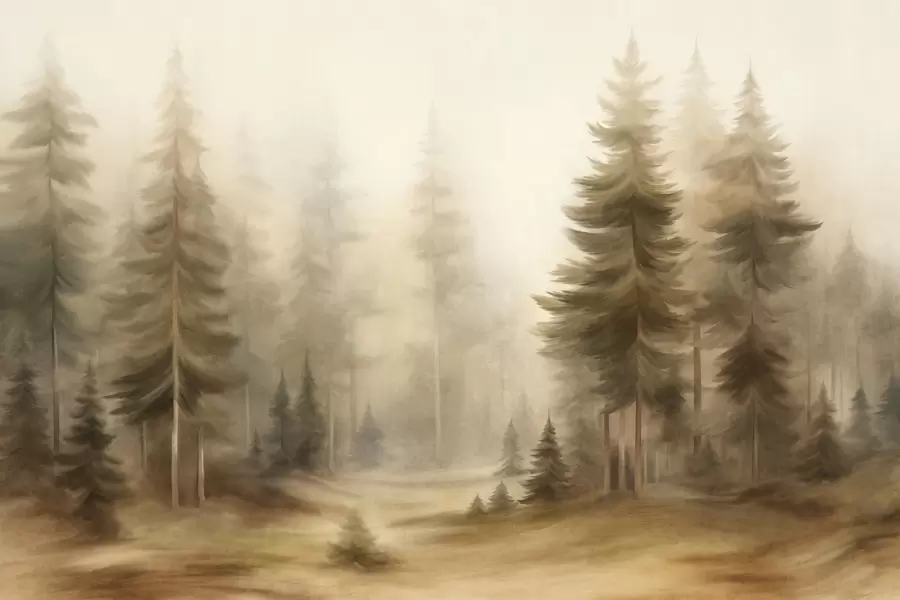 wall murals A dense forest with tall pine trees in a light fog, textured landscape art w09830