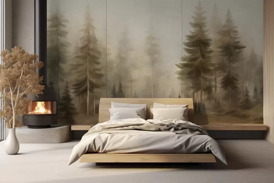 wall murals A dense forest with tall pine trees in a light fog, textured landscape art w09830