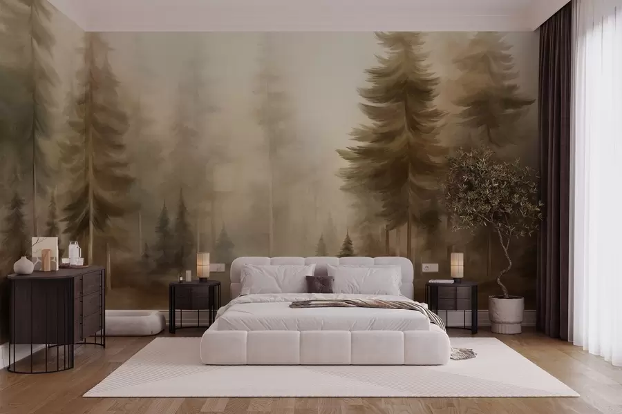 wall murals A dense forest with tall pine trees in a light fog, textured landscape art w09830