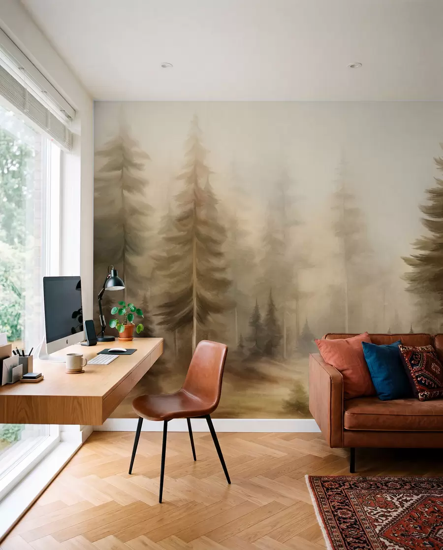 wall murals A dense forest with tall pine trees in a light fog, textured landscape art w09830