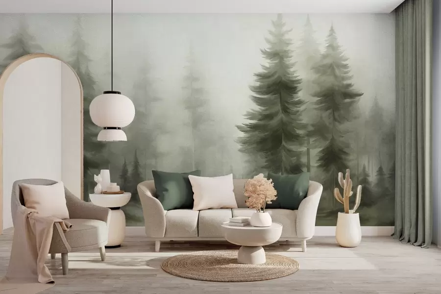 wall murals A dense forest with tall pine trees in a light fog, textured landscape art w09830v1
