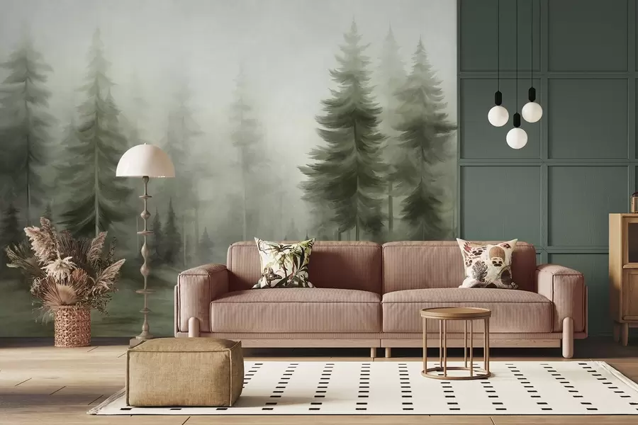 wall murals A dense forest with tall pine trees in a light fog, textured landscape art w09830v1