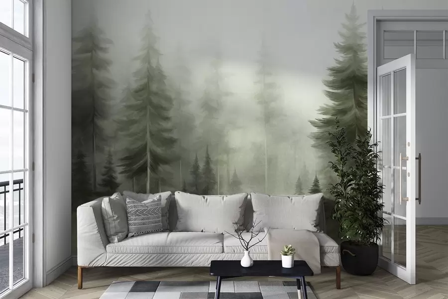 wall murals A dense forest with tall pine trees in a light fog, textured landscape art w09830v1