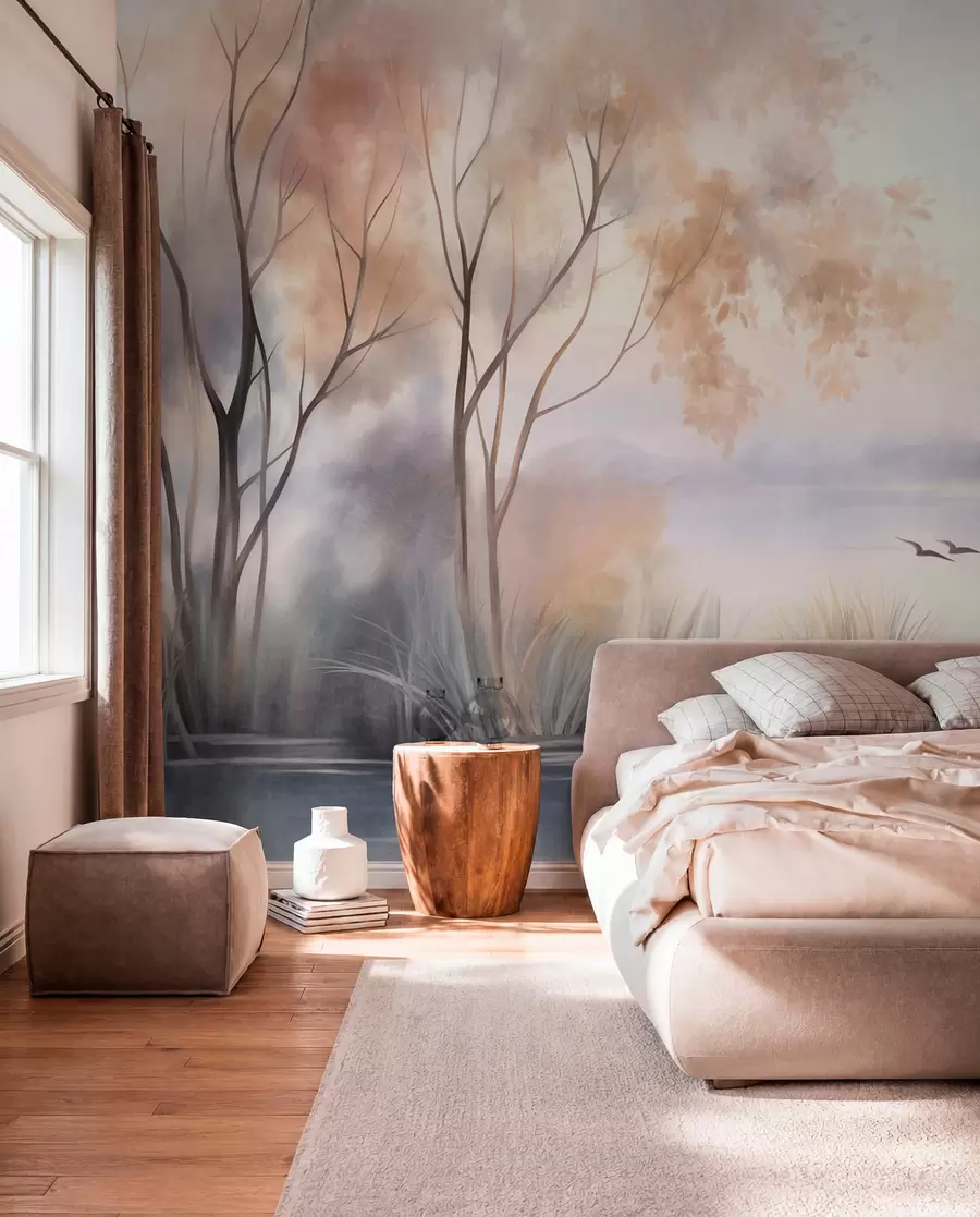 wall murals Landscape, a misty lake with trees and reeds, birds flying, textured watercolor painting style w09866