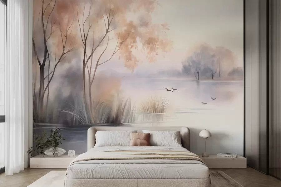 wall murals Landscape, a misty lake with trees and reeds, birds flying, textured watercolor painting style w09866