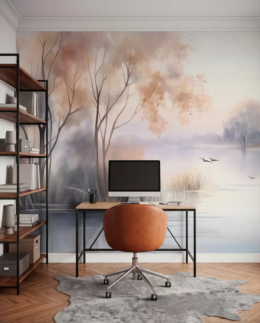 wall murals Landscape, a misty lake with trees and reeds, birds flying, textured watercolor painting style w09866