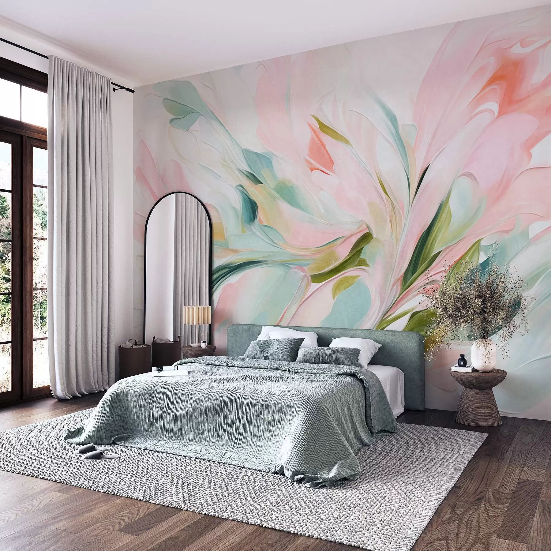 wall murals Abstract floral painting style with soft pastel brushstrokes on a light background w09871