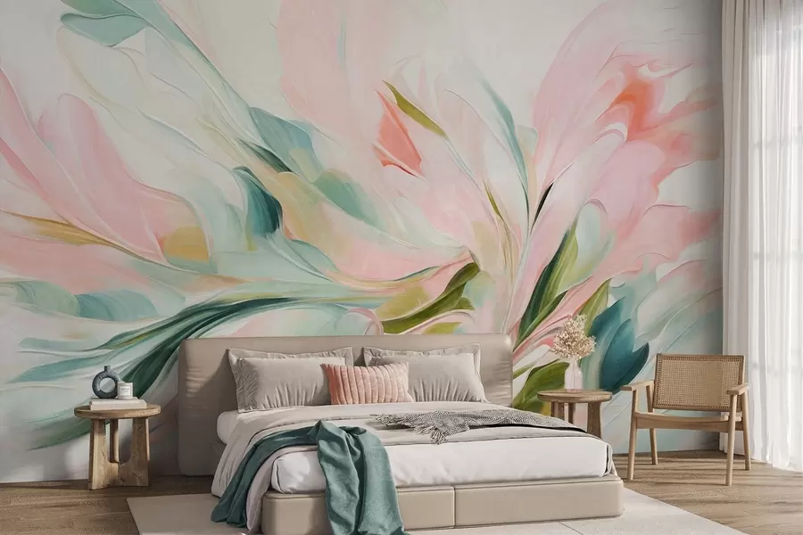 wall murals Abstract floral painting style with soft pastel brushstrokes on a light background w09871