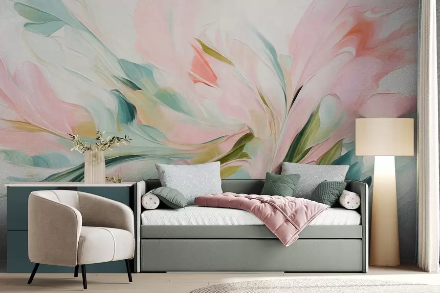 wall murals Abstract floral painting style with soft pastel brushstrokes on a light background w09871