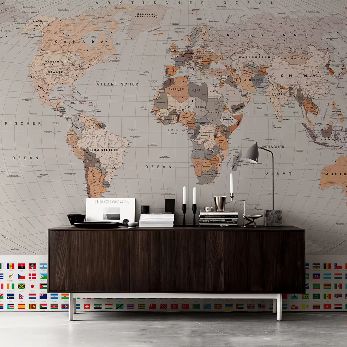 wall murals A political map of the world featuring flags in shades of brown and beige in German c00004dev2