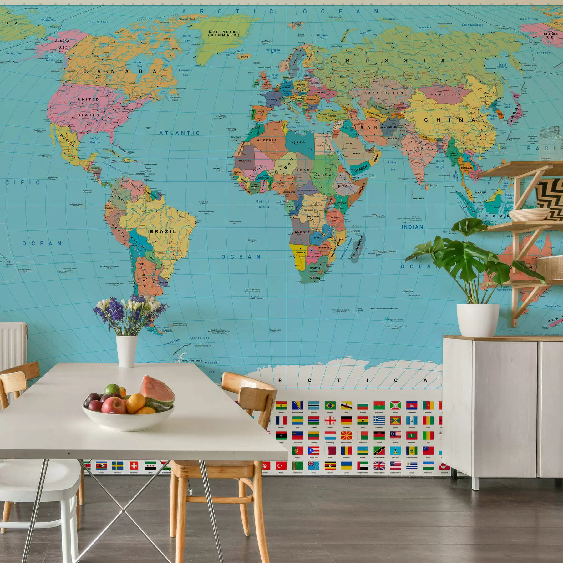 wall murals A color political map of the world with flags, in English c00004en