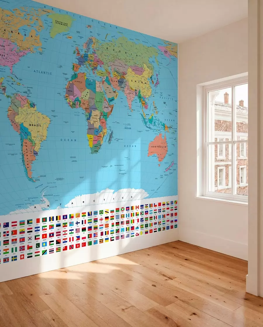 wall murals A color political map of the world with flags, in English c00004en