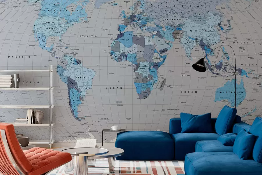 wall murals A political map of the world with flags in shades of blue, in English c00004env3