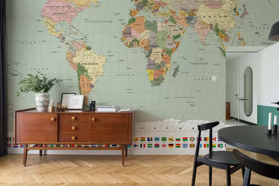 wall murals A color political map of the world with flags, in Ukrainian c00004ukv1
