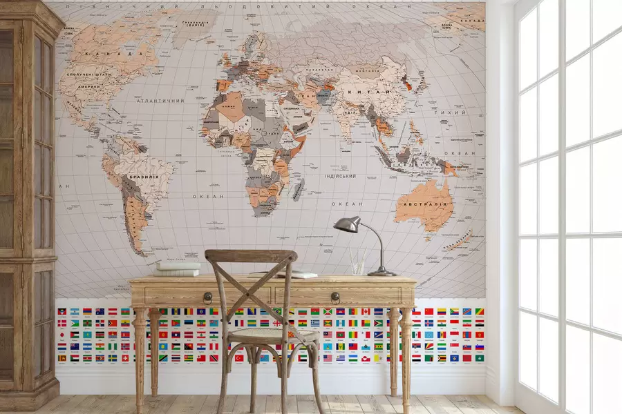 wall murals A political map of the world featuring flags in shades of brown and beige, in Ukrainian c00004ukv2