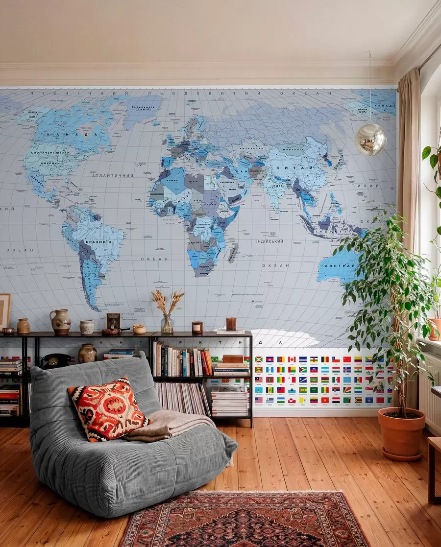 wall murals A political map of the world with flags in shades of blue, in Ukrainian c00004ukv3