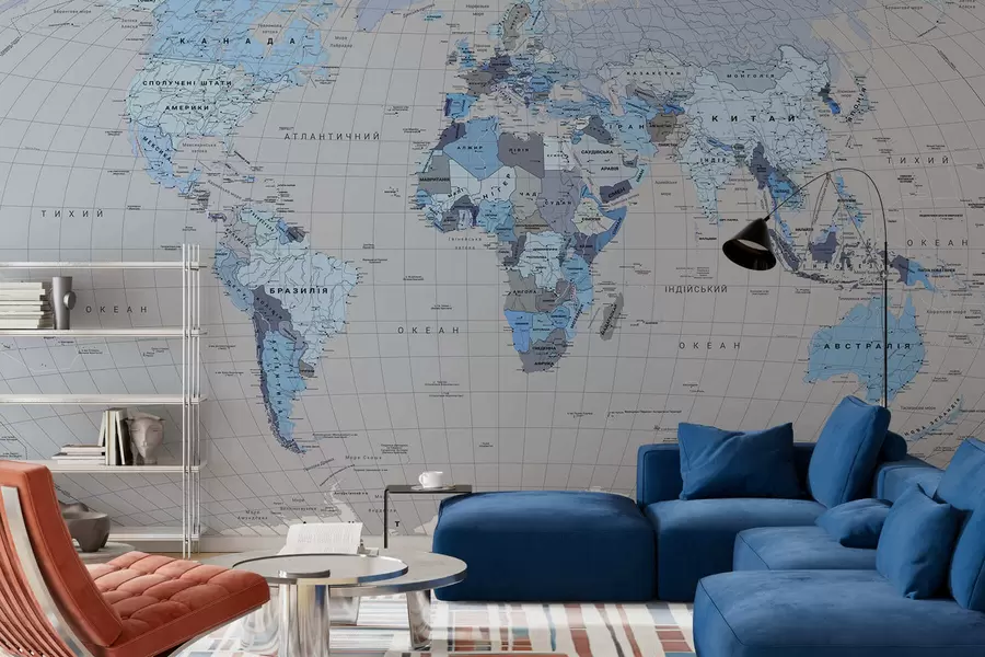 wall murals A political map of the world with flags in shades of blue, in Ukrainian c00004ukv3