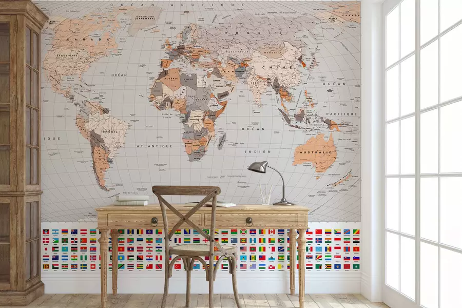 wall murals A political map of the world featuring flags in shades of brown and beige, in French c00004frv2