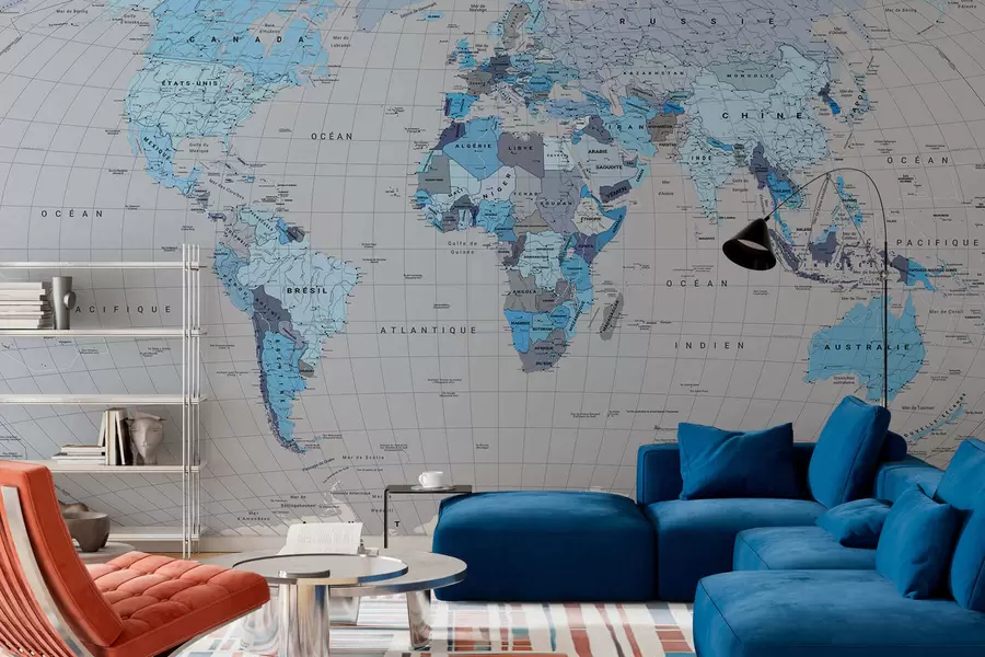 wall murals A political map of the world with flags in shades of blue, in French c00004frv3