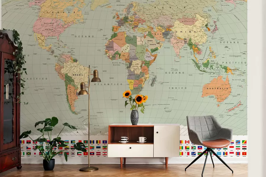 wall murals A color political map of the world with flags in Spanish c00004esv1