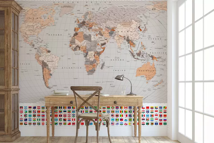 wall murals A political map of the world featuring flags in shades of brown and beige in Spanish c00004esv2
