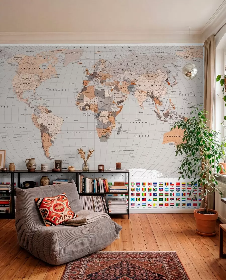 wall murals A political map of the world featuring flags in shades of brown and beige in Spanish c00004esv2