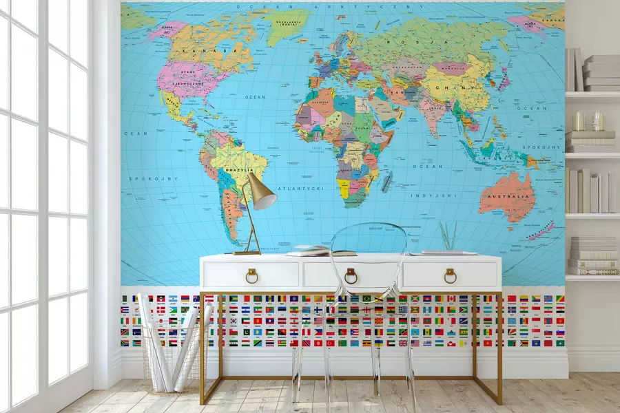 wall murals An olive-colored Political Map of the World with Flags in Polish c00004pl